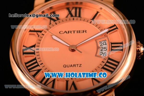 Cartier Rotonde De Miyota Quartz Rose Gold Case with Roman Numeral Markers Rose Gold Dial and Black Leather Strap - Click Image to Close
