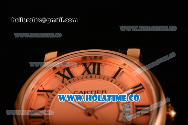Cartier Rotonde De Miyota Quartz Rose Gold Case with Roman Numeral Markers Rose Gold Dial and Black Leather Strap - Click Image to Close