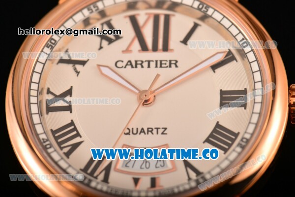Cartier Rotonde De Miyota Quartz Rose Gold Case with White Dial and Black Leather Strap - Roman Numeral Markers - Click Image to Close