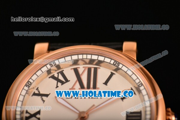 Cartier Rotonde De Miyota Quartz Rose Gold Case with White Dial and Black Leather Strap - Roman Numeral Markers - Click Image to Close