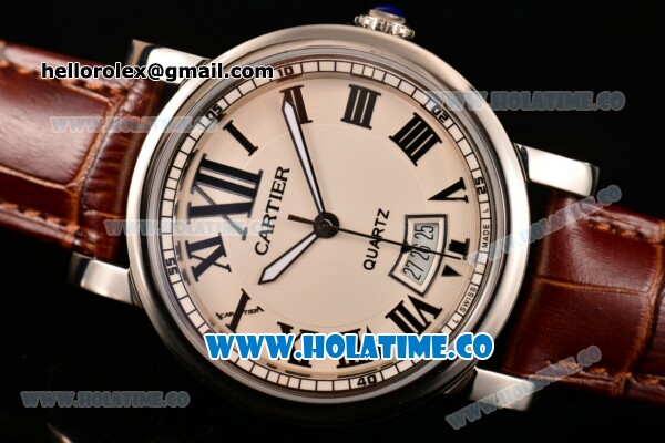 Cartier Rotonde De Miyota Quartz Steel Case with White Dial and Brown Leather Strap - Roman Numeral Markers - Click Image to Close