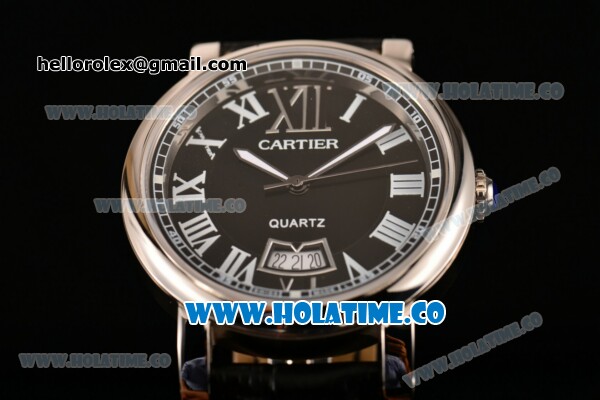 Cartier Rotonde De Miyota Quartz Steel Case with Black Dial Black Leather Strap and Roman Numeral Markers - Click Image to Close