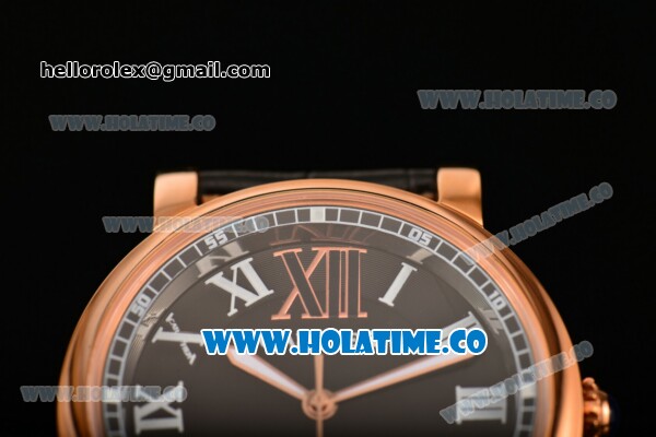 Cartier Rotonde De Miyota Quartz Rose Gold Case with Black Dial Leather Strap and White Roman Numeral Markers - Click Image to Close