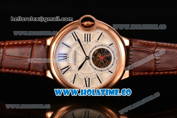 Cartier Ballon Bleu De Tourbillon Asia Automatic Rose Gold Case with White Dial and Brown Leather Strap - Roman Numeral Markers - Click Image to Close