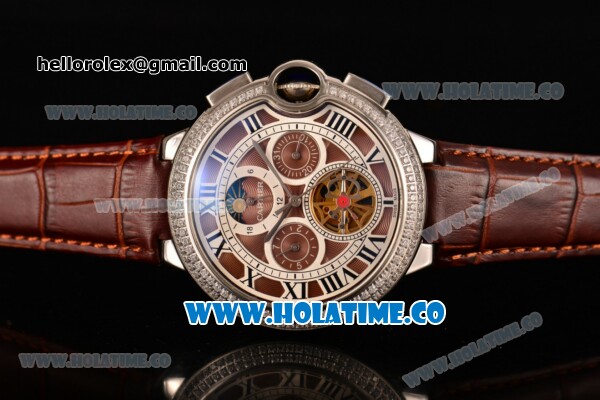 Cartier Ballon Bleu De Tourbillon Moonphase Asia Automatic Steel Case with Brown Dial and Roman Numeral Markers - Diamonds Bezel - Click Image to Close