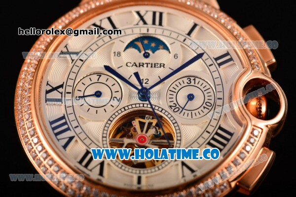 Cartier Ballon Bleu De Tourbillon Moonphase Asia Automatic Rose Gold Case with White Dial and Roman Numeral Markers - Diamonds Bezel - Click Image to Close