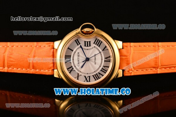 Cartier Ballon Bleu De Medium Asia 4813 Automatic Yellow Gold Case with Silver Dial and Orange Leather Strap - Roman Numeral Markers (GF) - Click Image to Close