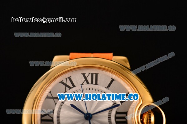 Cartier Ballon Bleu De Medium Asia 4813 Automatic Yellow Gold Case with Silver Dial and Orange Leather Strap - Roman Numeral Markers (GF) - Click Image to Close