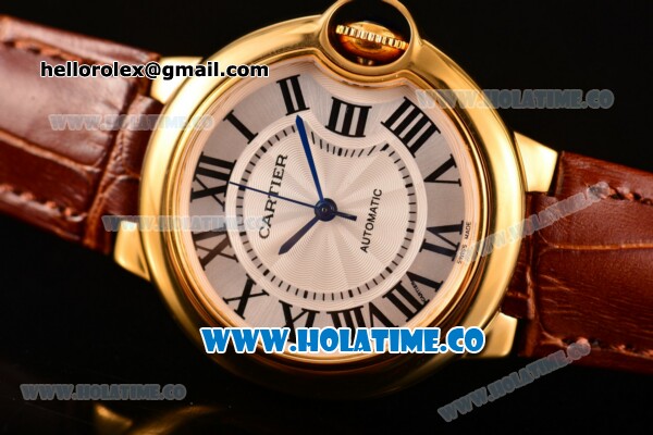 Cartier Ballon Bleu De Medium Asia 4813 Automatic Yellow Gold Case with Silver Dial and Brown Leather Strap - Roman Numeral Markers (GF) - Click Image to Close