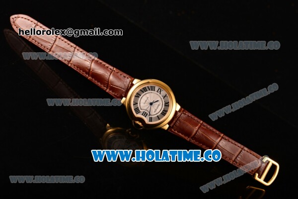 Cartier Ballon Bleu De Medium Asia 4813 Automatic Yellow Gold Case with Silver Dial and Brown Leather Strap - Roman Numeral Markers (GF) - Click Image to Close