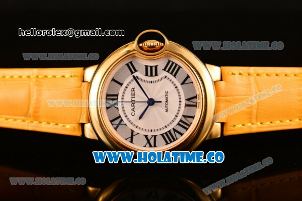 Cartier Ballon Bleu De Medium Asia 4813 Automatic Yellow Gold Case with Silver Dial and Black Leather Strap - Roman Numeral Markers (GF) - Click Image to Close
