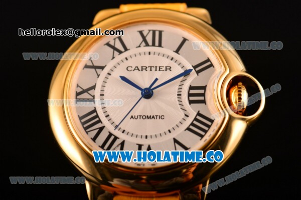 Cartier Ballon Bleu De Medium Asia 4813 Automatic Yellow Gold Case with Silver Dial and Black Leather Strap - Roman Numeral Markers (GF) - Click Image to Close
