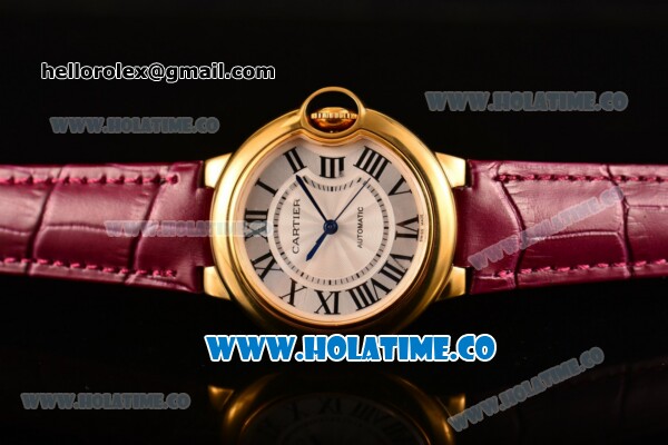 Cartier Ballon Bleu De Medium Asia 4813 Automatic Yellow Gold Case with Silver Dial and Yellow Leather Strap - Roman Numeral Markers (GF) - Click Image to Close