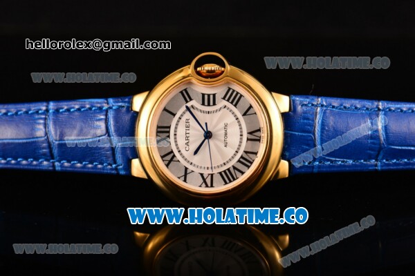 Cartier Ballon Bleu De Medium Asia 4813 Automatic Yellow Gold Case with Silver Dial and Burgundy Leather Strap - Roman Numeral Markers (GF) - Click Image to Close