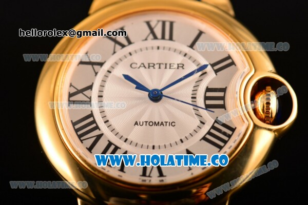 Cartier Ballon Bleu De Medium Asia 4813 Automatic Yellow Gold Case with Silver Dial and Burgundy Leather Strap - Roman Numeral Markers (GF) - Click Image to Close