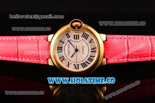 Cartier Ballon Bleu De Medium Asia 4813 Automatic Yellow Gold Case with Silver Dial and Blue Leather Strap - Roman Numeral Markers (GF) - Click Image to Close