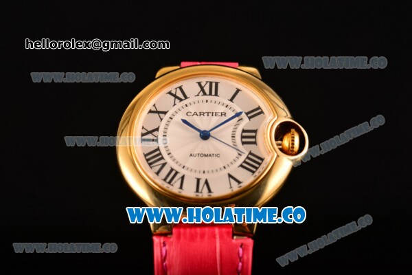 Cartier Ballon Bleu De Medium Asia 4813 Automatic Yellow Gold Case with Silver Dial and Blue Leather Strap - Roman Numeral Markers (GF) - Click Image to Close