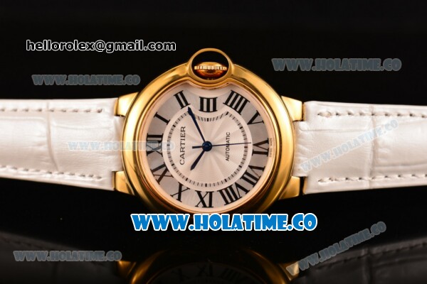 Cartier Ballon Bleu De Medium Asia 4813 Automatic Yellow Gold Case with Silver Dial and Rose Red Leather Strap - Roman Numeral Markers (GF) - Click Image to Close