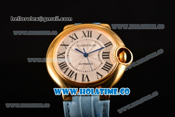 Cartier Ballon Bleu De Medium Asia 4813 Automatic Yellow Gold Case with Silver Dial and White Leather Strap - Roman Numeral Markers (GF) - Click Image to Close