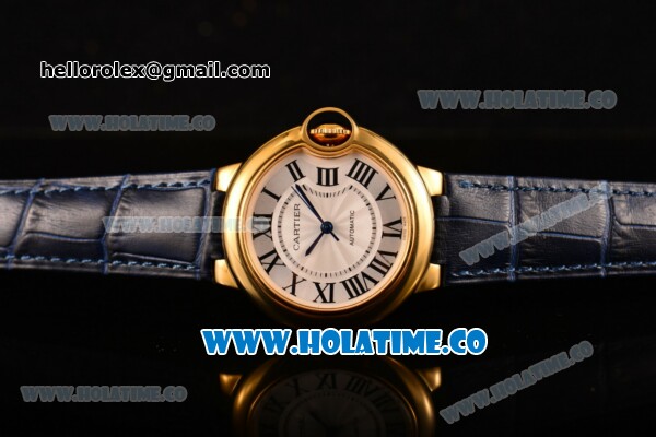 Cartier Ballon Bleu De Medium Asia 4813 Automatic Yellow Gold Case with Silver Dial and Roman Numeral Markers (GF) - Click Image to Close