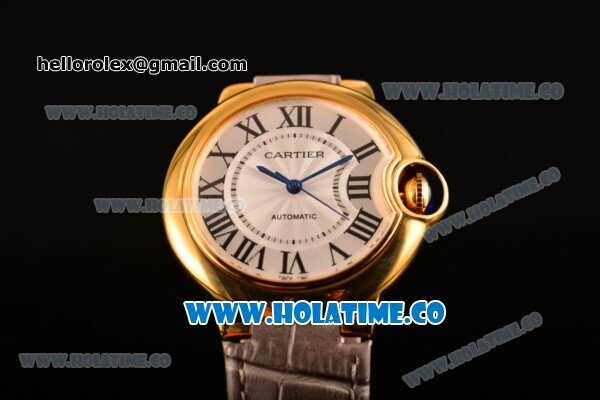 Cartier Ballon Bleu De Medium Asia 4813 Automatic Yellow Gold Case with Silver Dial Blue Leather Strap and Roman Numeral Markers (GF) - Click Image to Close