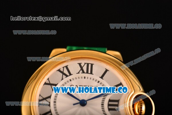Cartier Ballon Bleu De Medium Asia 4813 Automatic Yellow Gold Case with Silver Dial Rose Red Leather Strap and Roman Numeral Markers (GF) - Click Image to Close