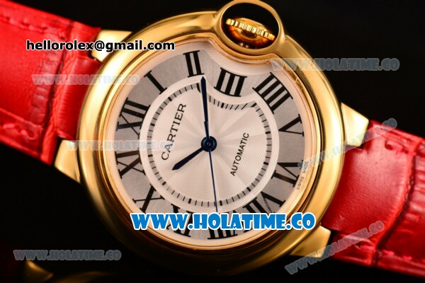 Cartier Ballon Bleu De Medium Asia 4813 Automatic Yellow Gold Case with Silver Dial Green Leather Strap and Roman Numeral Markers (GF) - Click Image to Close