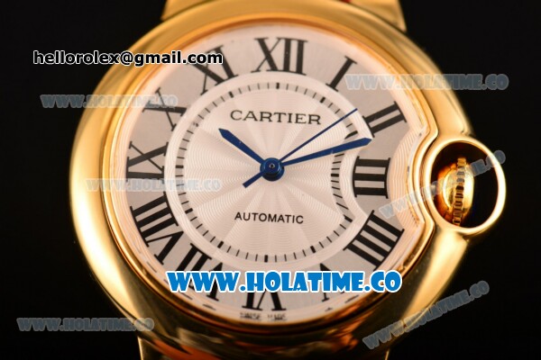 Cartier Ballon Bleu De Medium Asia 4813 Automatic Yellow Gold Case with Silver Dial Green Leather Strap and Roman Numeral Markers (GF) - Click Image to Close