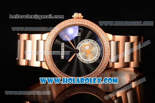 Cartier Rotonde De Miyota Quartz Rose Gold Case/Bracelet with Black Dial and Diamonds Bezel - Click Image to Close