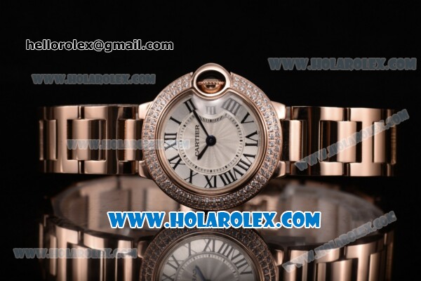 Cartier Ballon Bleu De Small Swiss Quartz Rose Gold Case/Bracelet with Silver Dial and Black Roman Numeral Markers - Diamonds Bezel - Click Image to Close