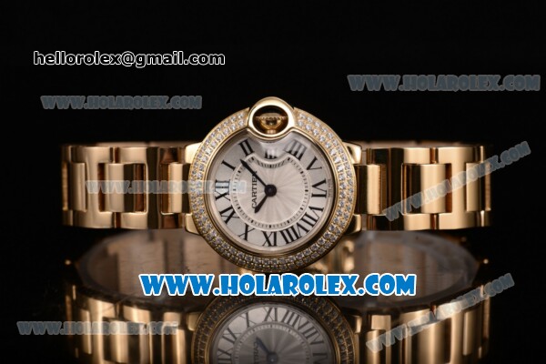 Cartier Ballon Bleu De Small Swiss Quartz Yellow Gold Case/Bracelet with White Dial and Black Roman Numeral Markers - Diamonds Bezel - Click Image to Close