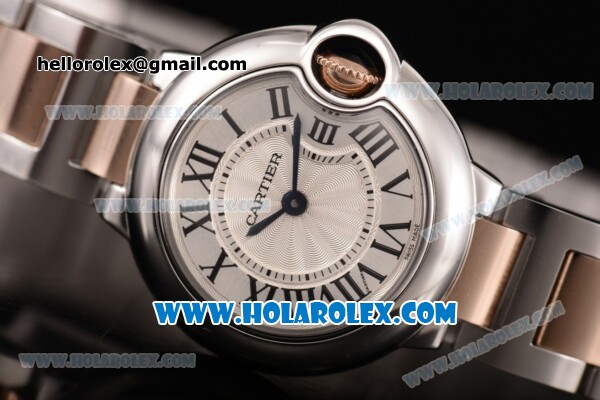 Cartier Ballon Bleu De Small Swiss Quartz Rose Gold/Steel Case with Silver Dial Two Tone Bracelet and Roman Numeral Markers - Click Image to Close