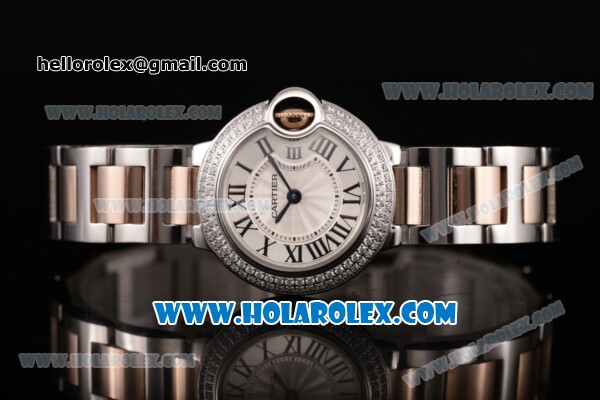 Cartier Ballon Bleu De Small Swiss Quartz Rose Gold/Steel Case with Silver Dial Diamonds Bezel and Roman Numeral Markers - Click Image to Close