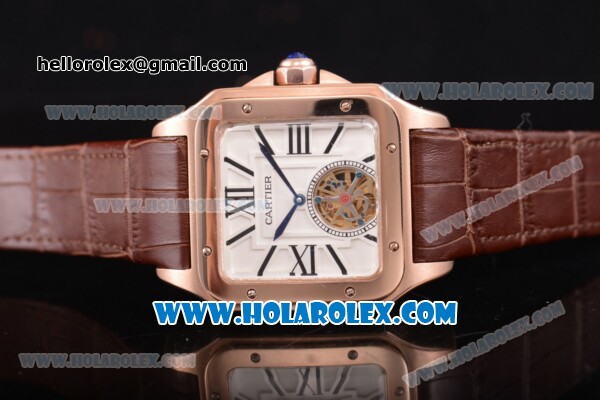 Cartier Santos Tourbillon Asia Automatic Rose Gold Case with White Dial and Brown Leather Strap - Roman Numeral Markers - Click Image to Close