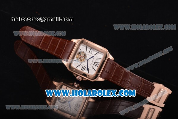 Cartier Santos Tourbillon Asia Automatic Rose Gold Case with White Dial and Brown Leather Strap - Roman Numeral Markers - Click Image to Close