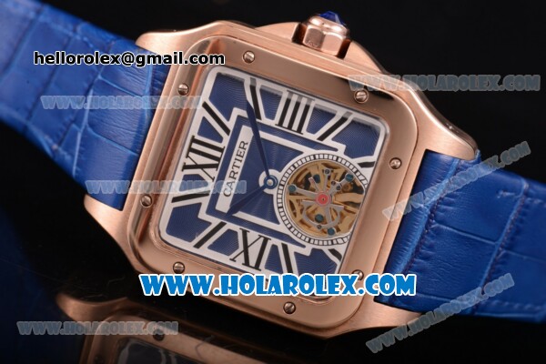 Cartier Santos Tourbillon Asia Automatic Rose Gold Case with Blue Dial and Blue Leather Strap - Roman Numeral Markers - Click Image to Close