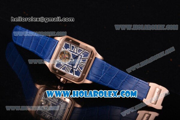 Cartier Santos Tourbillon Asia Automatic Rose Gold Case with Blue Dial and Blue Leather Strap - Roman Numeral Markers - Click Image to Close