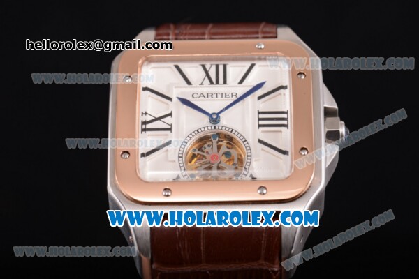 Cartier Santos Tourbillon Asia Automatic Steel Case with Rose Gold Bezel and White Dial - Roman Numeral Markers - Click Image to Close