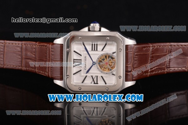 Cartier Santos Tourbillon Asia Automatic Steel Case with White Dial Brown Leather Strap and Roman Numeral Markers - Click Image to Close