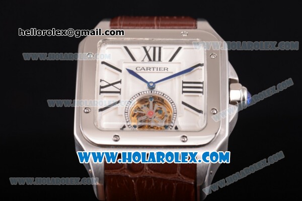 Cartier Santos Tourbillon Asia Automatic Steel Case with White Dial Brown Leather Strap and Roman Numeral Markers - Click Image to Close