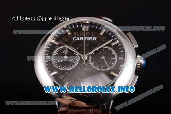 Cartier Rotonde De Chrono Miyota Quartz Steel Case with Black Skeleton Dial and Brown Leather Strap - Stick Markers - Click Image to Close