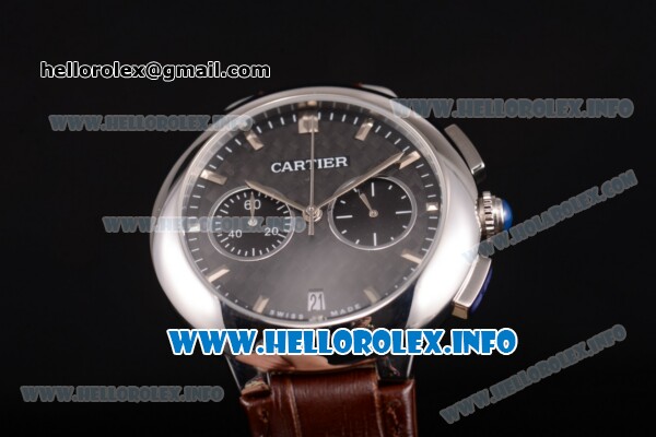 Cartier Rotonde De Chrono Miyota Quartz Steel Case with Black Carbon Fiber Dial and Brown Leather Strap - Stick Markers - Click Image to Close