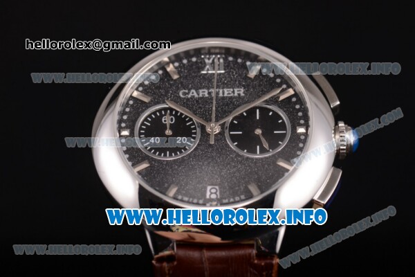 Cartier Rotonde De Chrono Miyota Quartz Steel Case with Black Starry Dial and Brown Leather Strap - Stick Markers - Click Image to Close