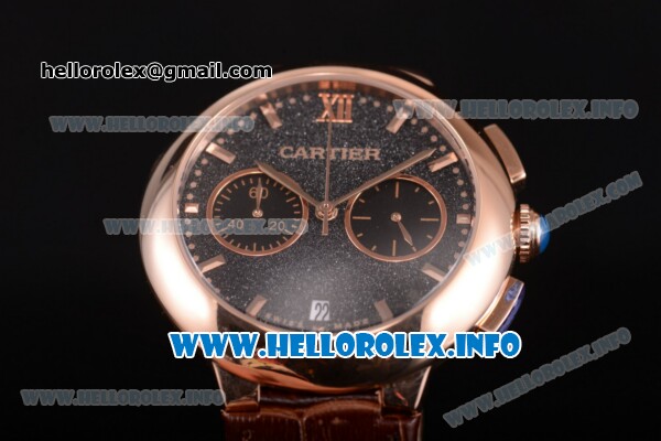 Cartier Rotonde De Chrono Miyota Quartz Rose Gold Case with Black Starry Dial and Brown Leather Strap - Stick Markers - Click Image to Close