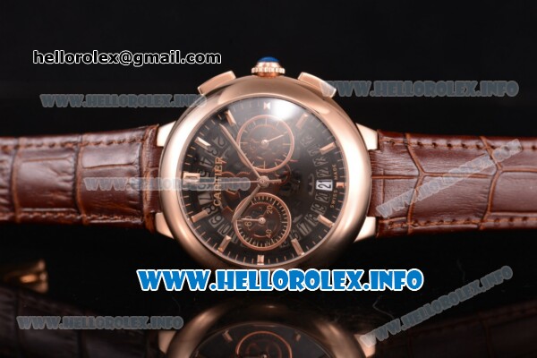 Cartier Rotonde De Chrono Miyota Quartz Rose Gold Case with Black Skeleton Dial and Brown Leather Strap - Stick Markers - Click Image to Close
