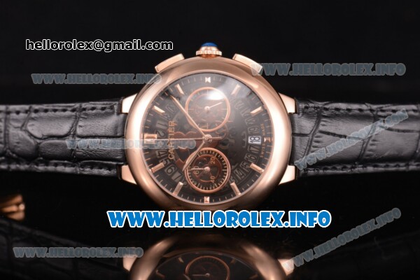 Cartier Rotonde De Chrono Miyota Quartz Rose Gold Case with Black Skeleton Dial and Stick Markers - Click Image to Close