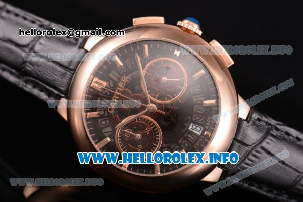 Cartier Rotonde De Chrono Miyota Quartz Rose Gold Case with Black Skeleton Dial and Stick Markers - Click Image to Close