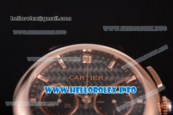 Cartier Rotonde De Chrono Miyota Quartz Rose Gold Case with Black Carbon Fiber Dial and Stick Markers - Click Image to Close
