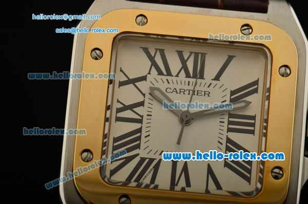 Cartier Santos 100 Medium Swiss Quartz Steel Case Gold Bezel with Brown Leather Strap White Dial Roman Markers ETA Coating - Click Image to Close