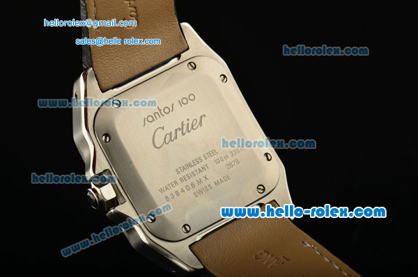 Cartier Santos 100 Medium Swiss Quartz Steel Case Gold Bezel with Black Leather Strap White Dial Roman Markers - Click Image to Close